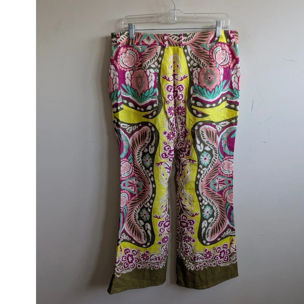 Zara Women Olive Green Pink Paisley Floral Scarf Print Linen Blend Pants L